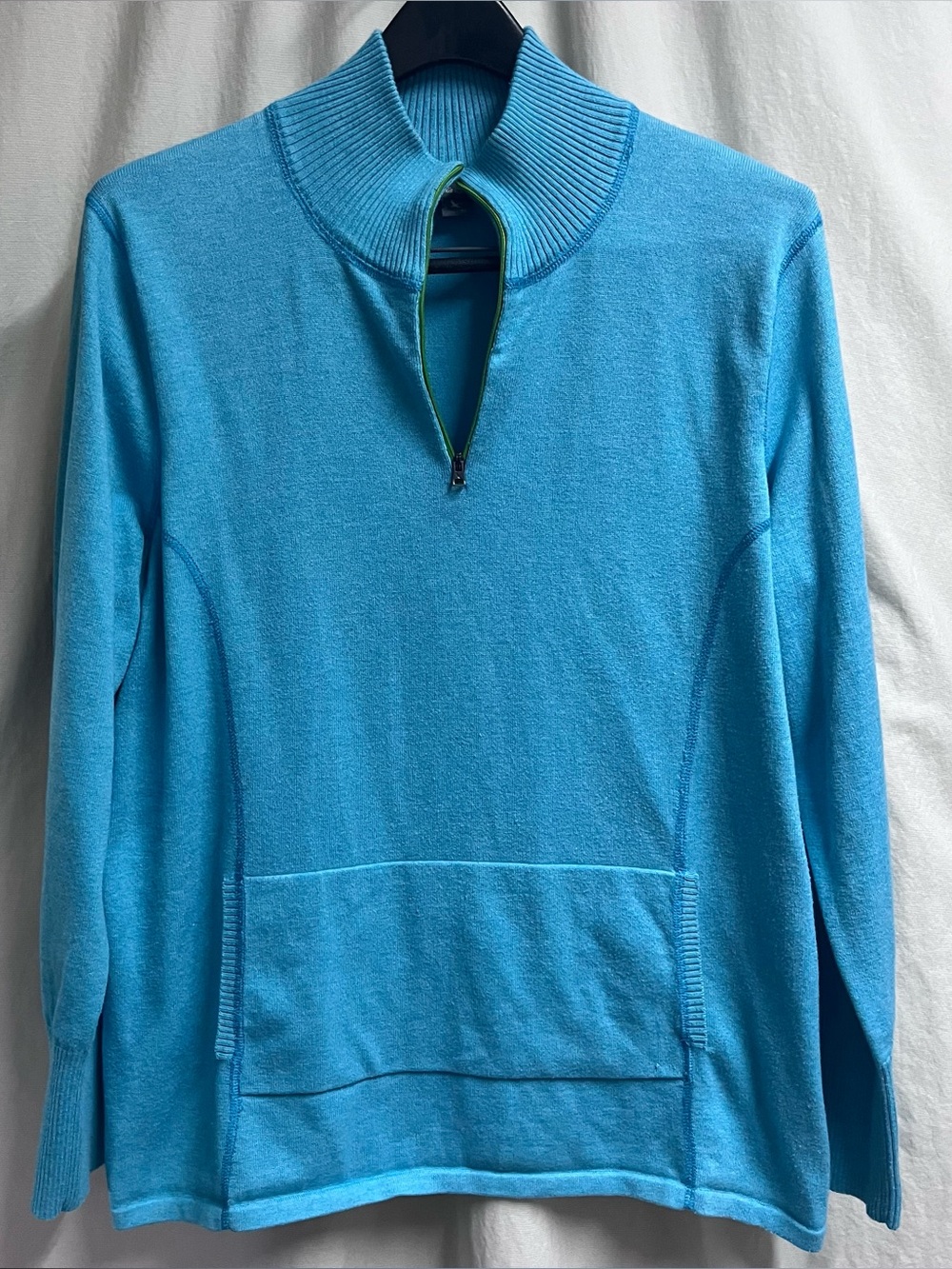 Eddie Bauer Mock Neck 1/4 Zip Sweater Womens Size XL Blue Kangaroo Pocket